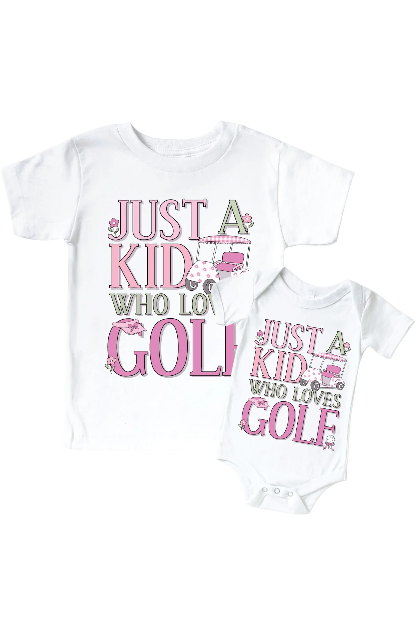 A Kid With Golf Love Pink Graphic Bodysuit & Kids Tee | White