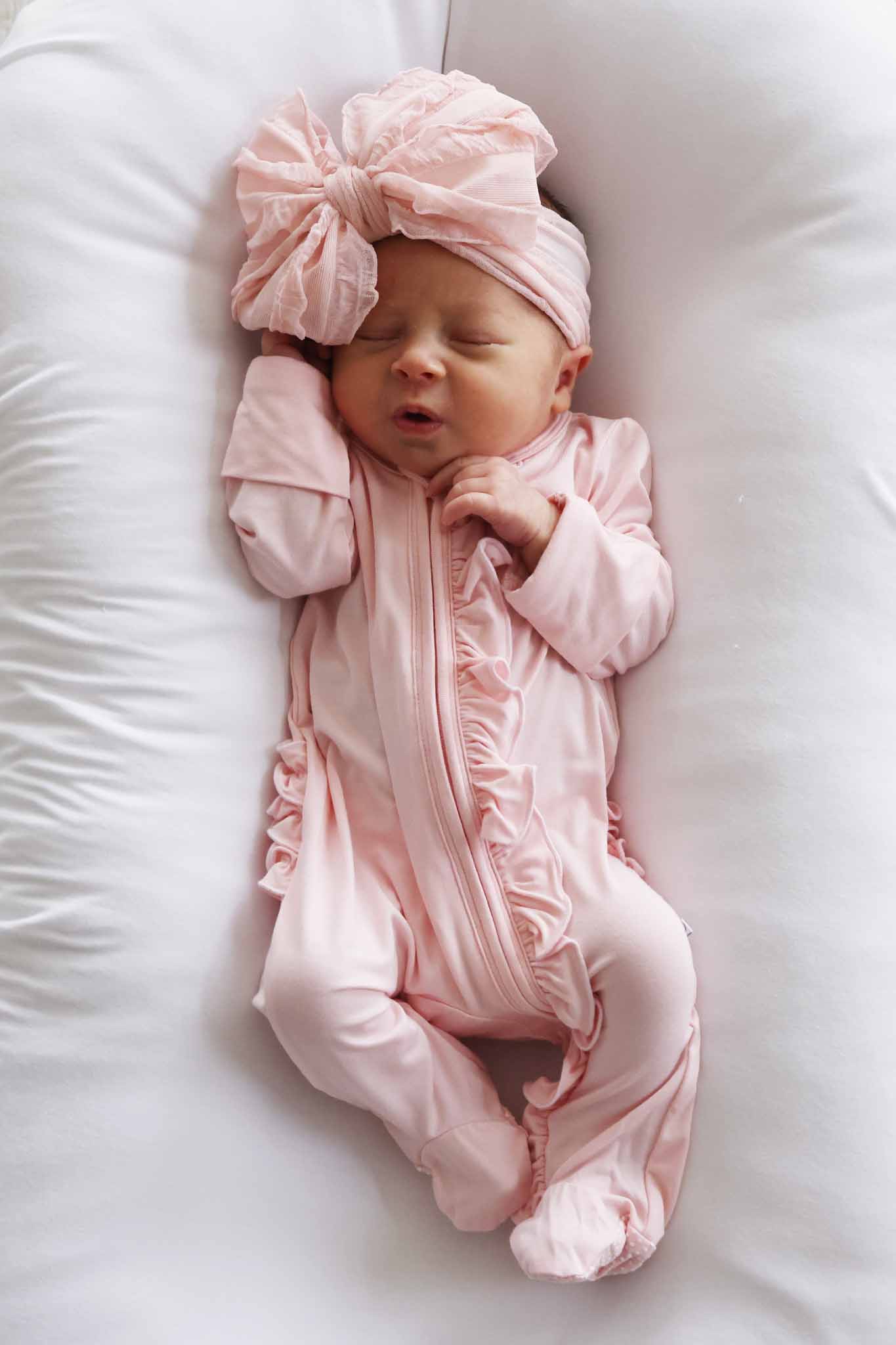 Baby Pink Bamboo Ruffle Zipper Footie - Image 4