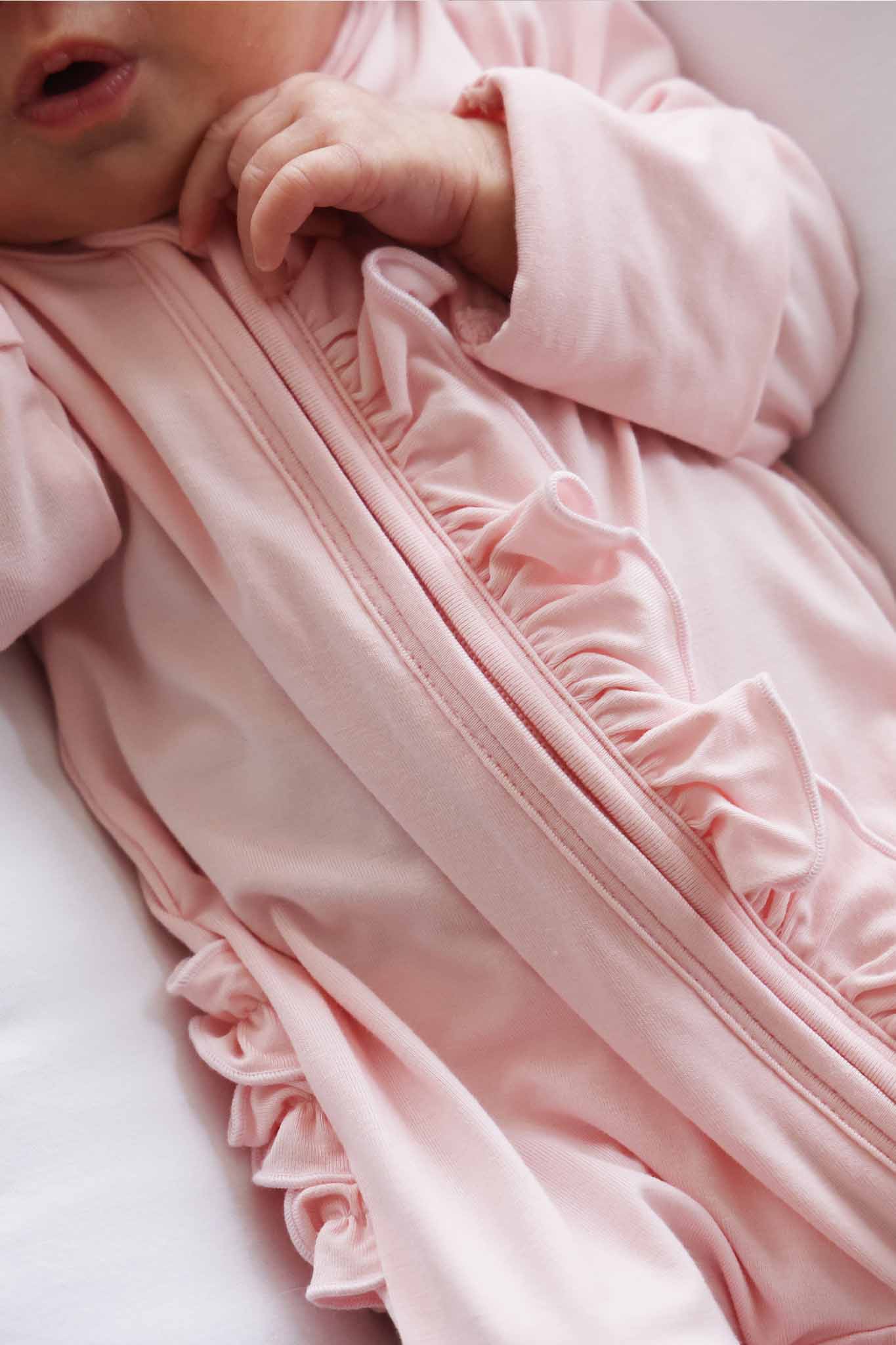 Baby Pink Bamboo Ruffle Zipper Footie - Image 7