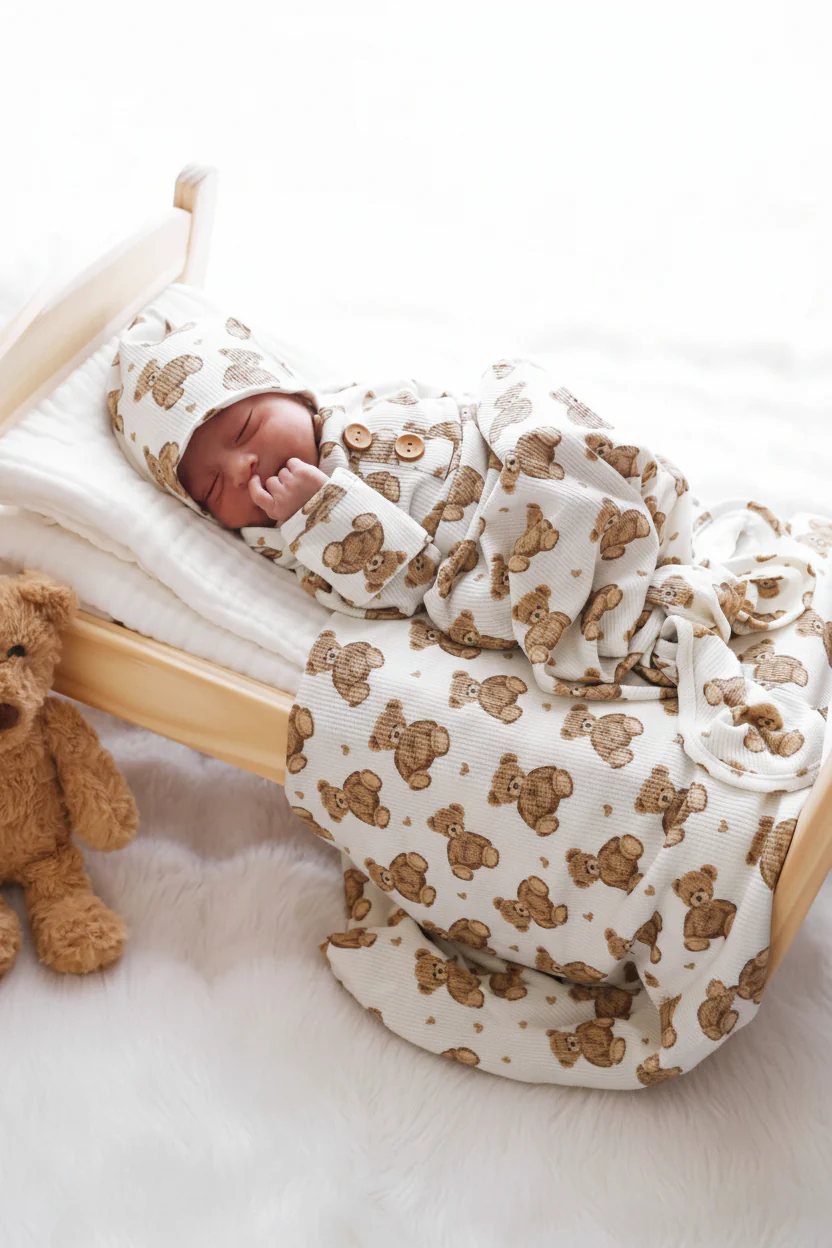 Beary Sweet Bamboo Waffle Newborn Baby Knot Gown & Hat Set - Image 2