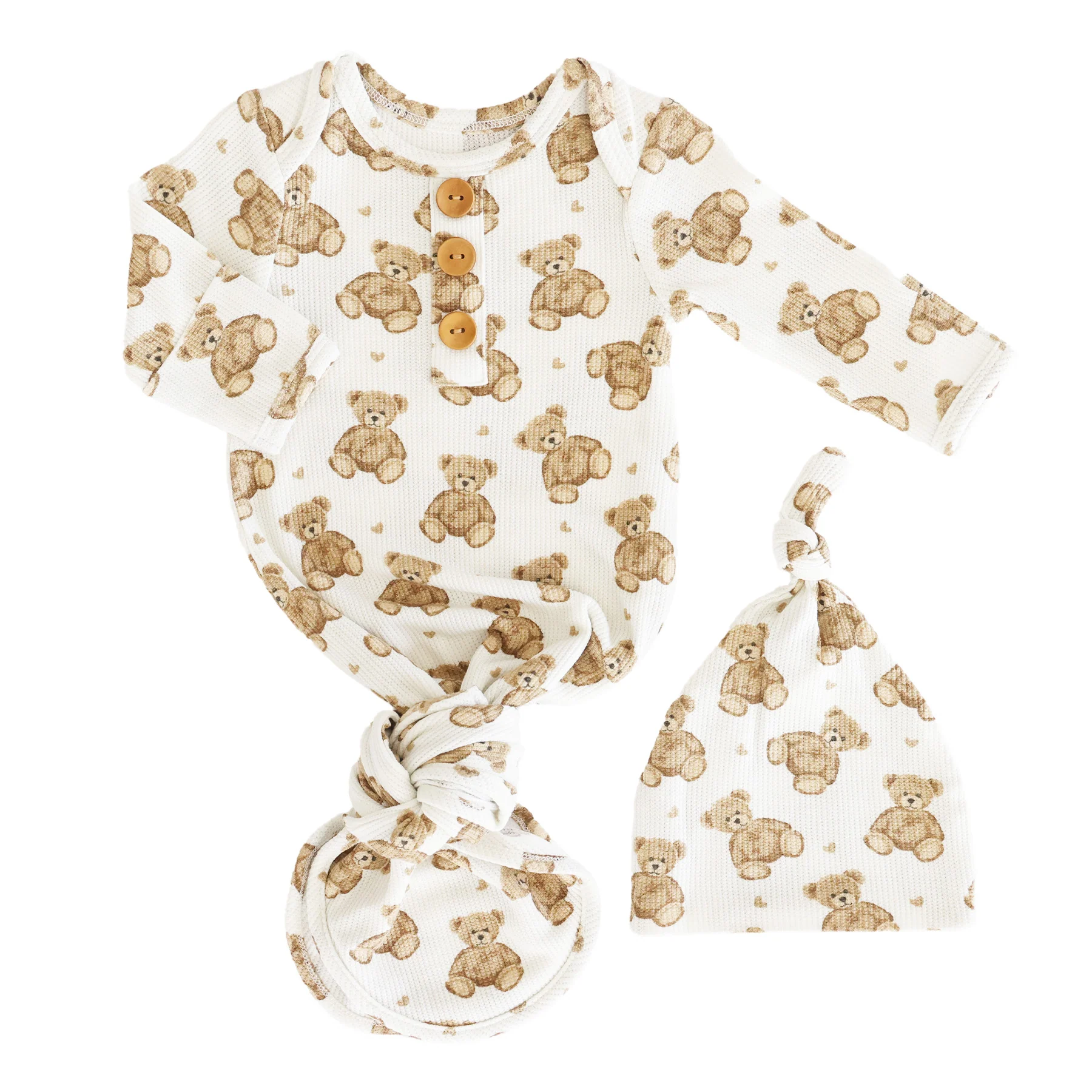 Beary Sweet Bamboo Waffle Newborn Baby Knot Gown & Hat Set - Image 3