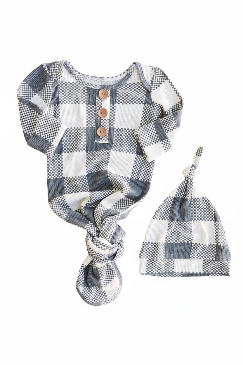 Big Check Bamboo Waffle Newborn Baby Knot Gown & Hat Set | Denim - Image 3