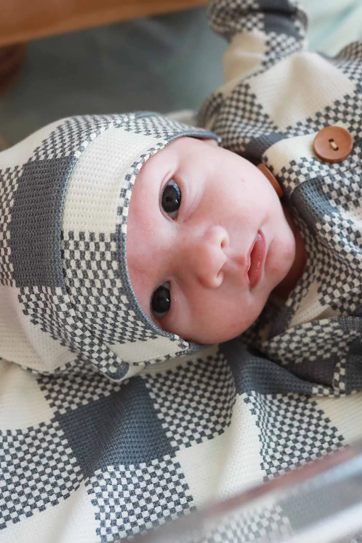 Big Check Bamboo Waffle Newborn Baby Knot Gown & Hat Set | Denim - Image 5
