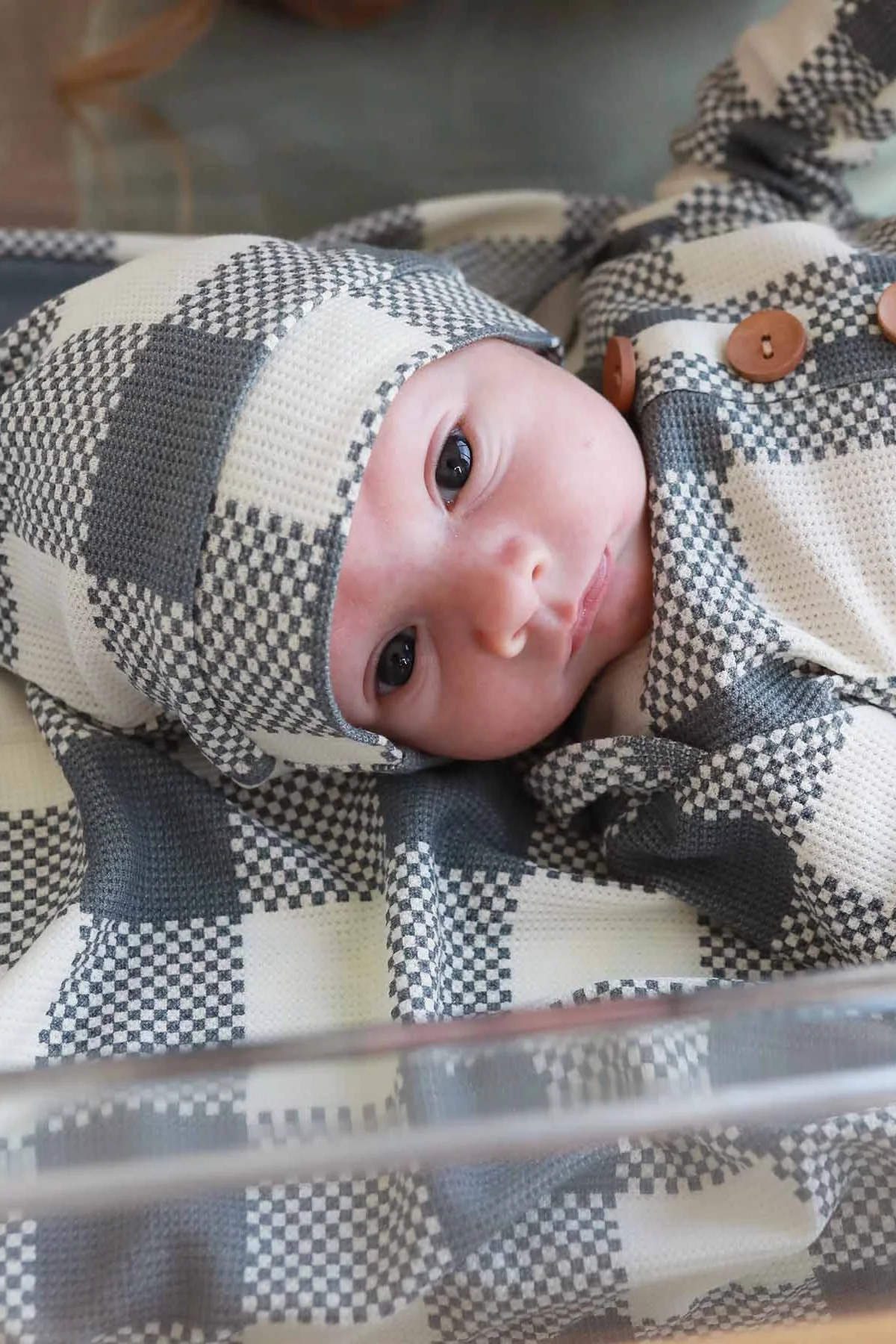 Big Check Bamboo Waffle Newborn Baby Knot Gown & Hat Set | Denim - Image 6