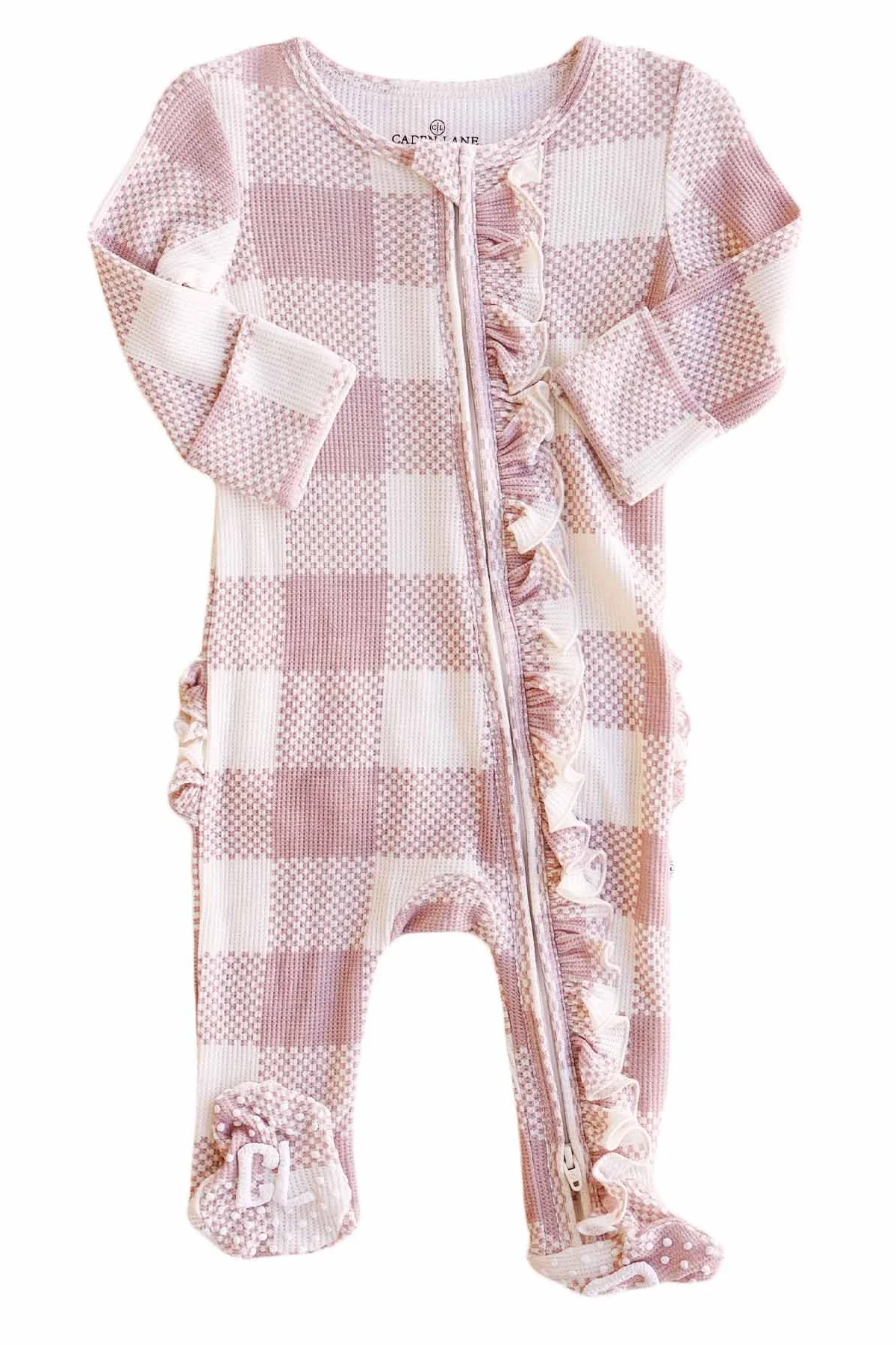 Big Check Bamboo Waffle Zipper Ruffle Footie | Rosy - Image 3