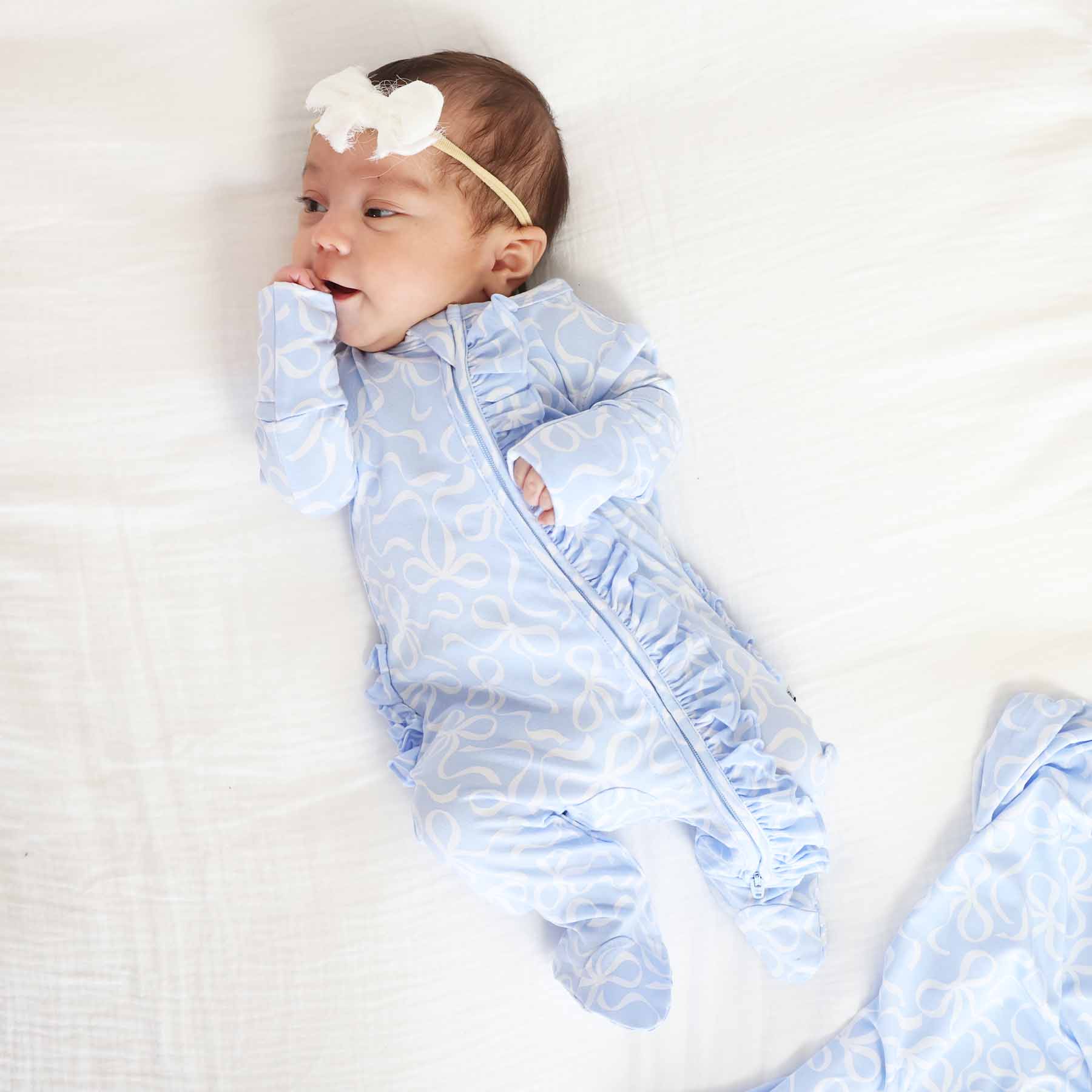 Blue-tiful Bows Ruffle Zipper Footie - Image 2