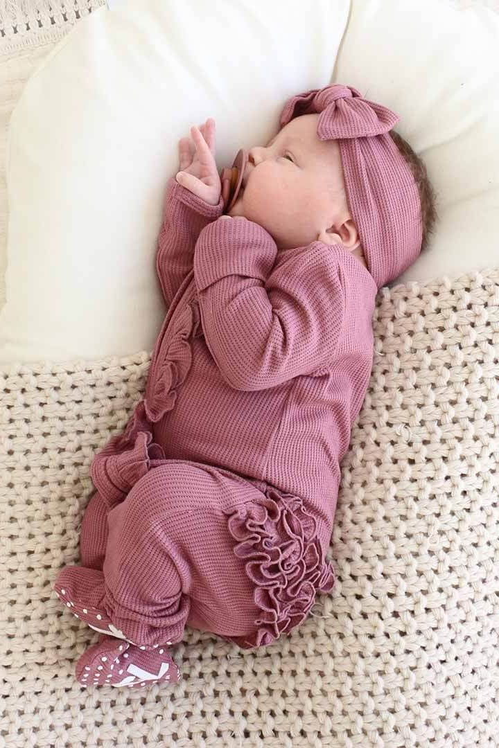 Boysenberry Bamboo Waffle Ruffle Zipper Footie - Image 3