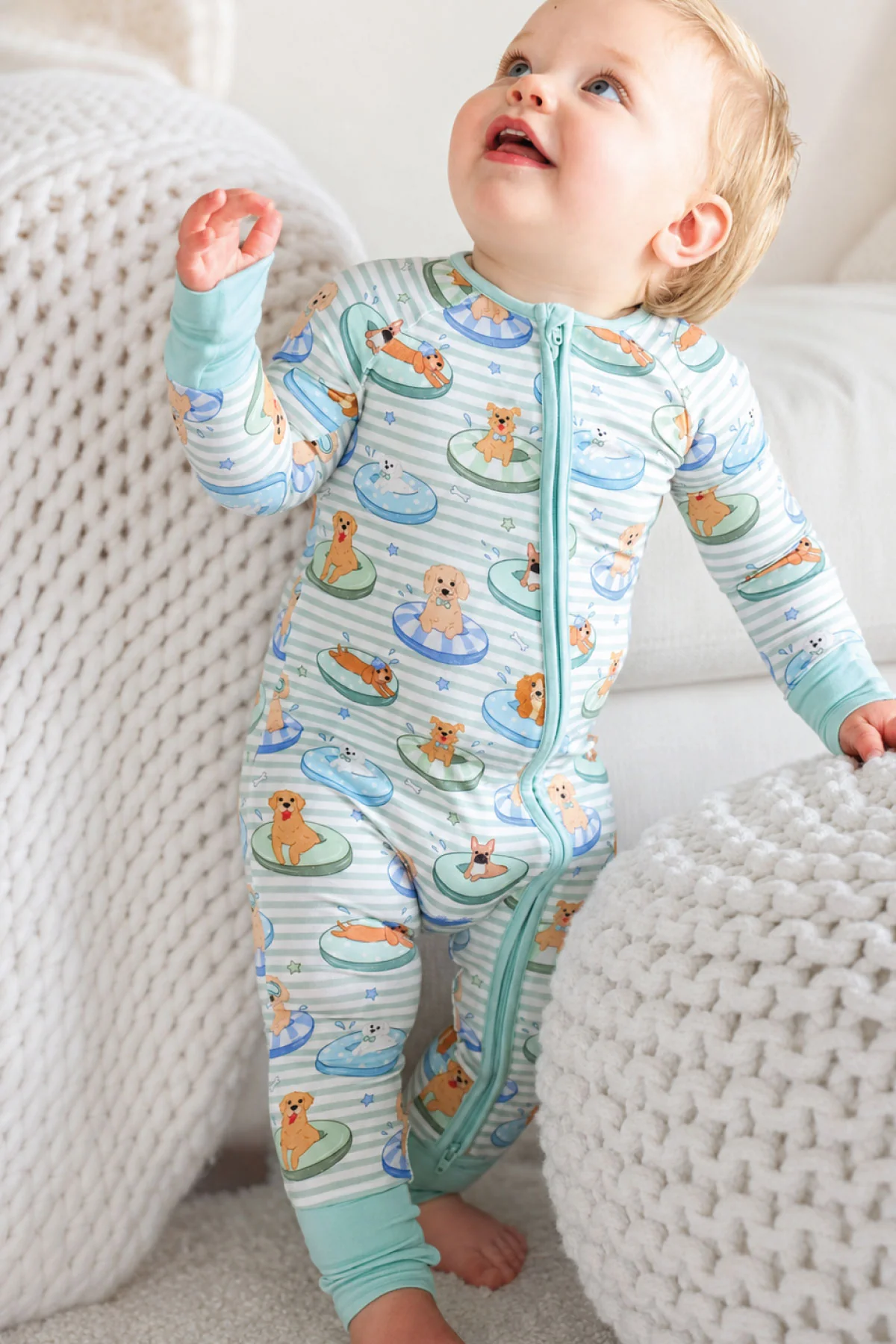 Convertible Bamboo Zip Romper | Poolside Pups Blue - Image 5