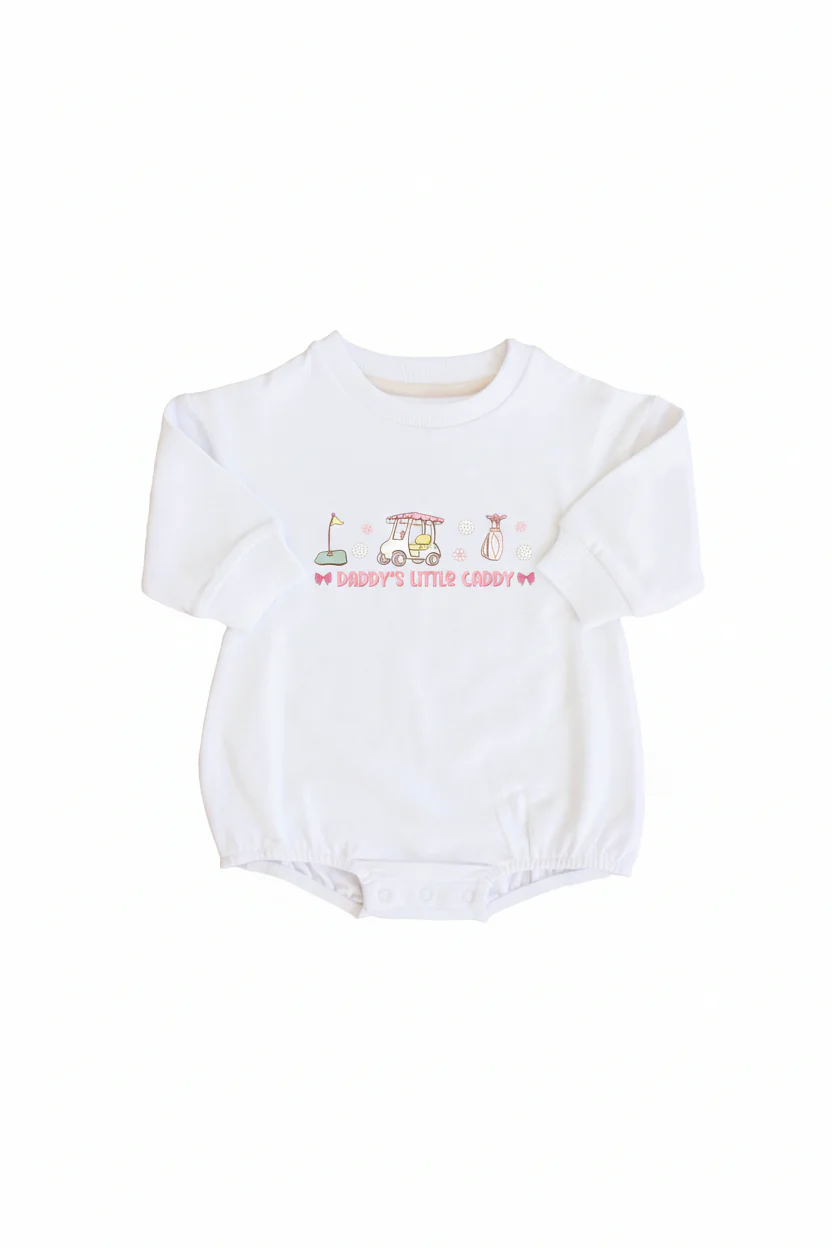 Daddy's Little Caddy Graphic Sweatshirt Bubble Romper | White - Image 2