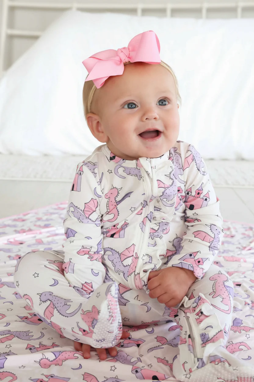 Dragon Adventure Ruffle Zipper Footie | Pink - Image 2