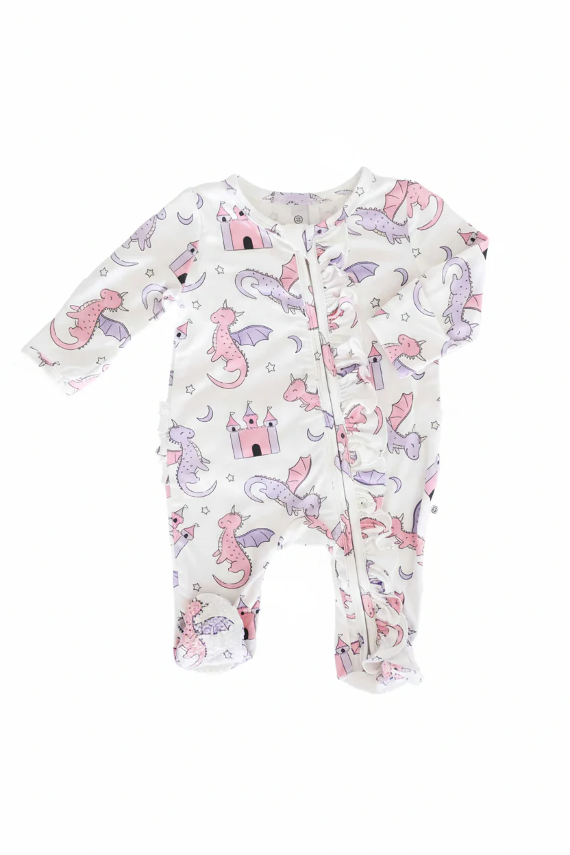 Dragon Adventure Ruffle Zipper Footie | Pink - Image 3
