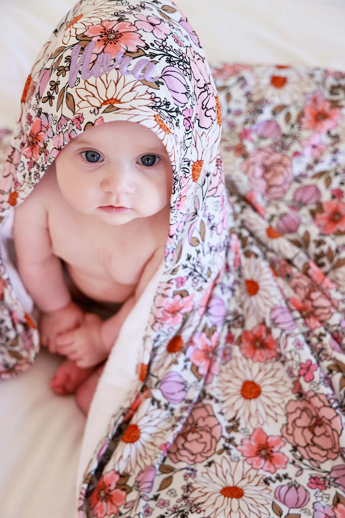 Embroidered Bamboo Hooded Towel | Purple Floral - Image 4