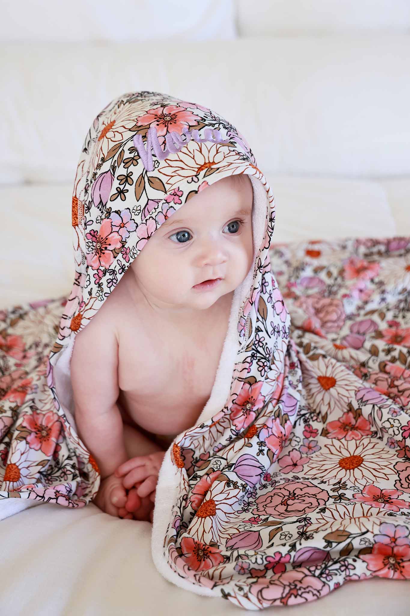 Embroidered Bamboo Hooded Towel | Purple Floral - Image 5