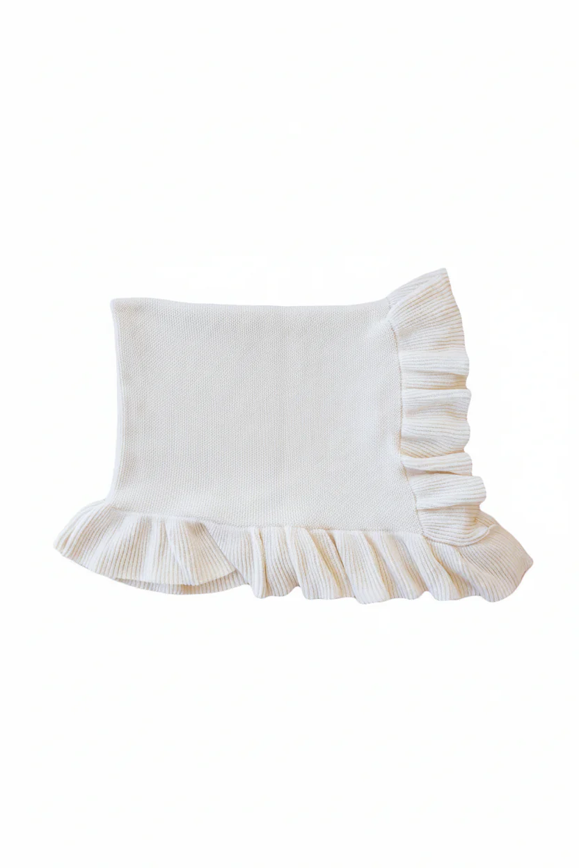 Embroidered Knit Blanket With Ruffle | Ivory - Image 2