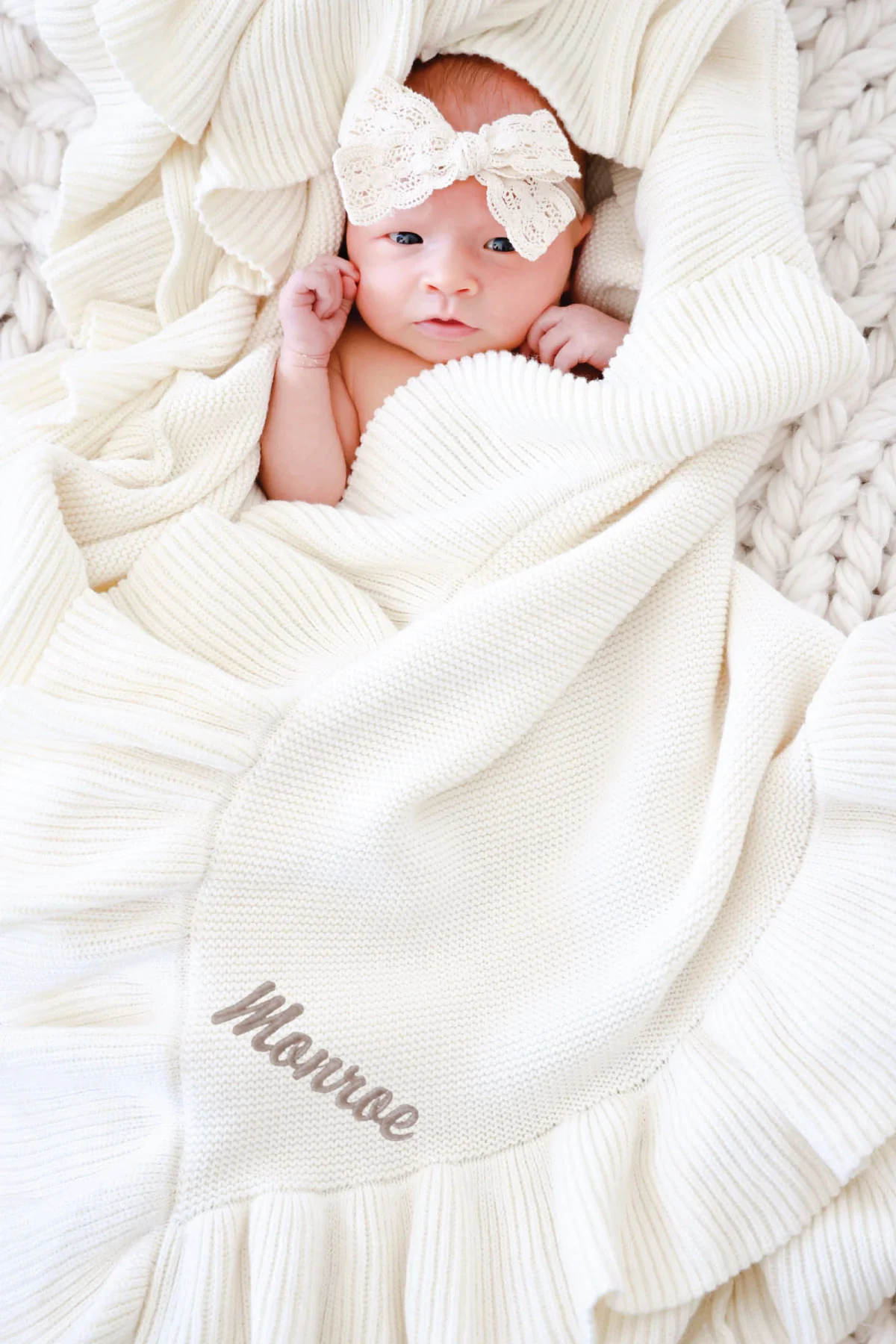 Embroidered Knit Blanket With Ruffle | Ivory - Image 6