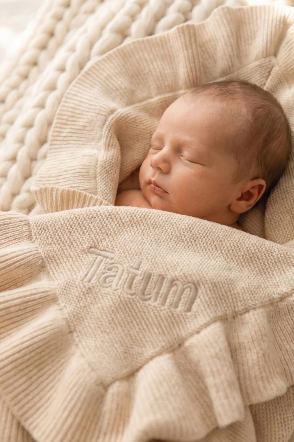 Embroidered Knit Blanket With Ruffle | Oatmeal - Image 3