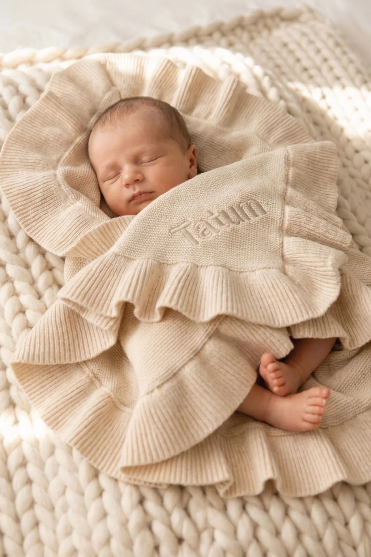Embroidered Knit Blanket With Ruffle | Oatmeal - Image 4