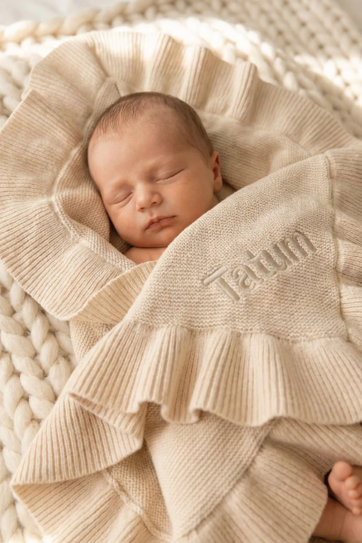 Embroidered Knit Blanket With Ruffle | Oatmeal - Image 6
