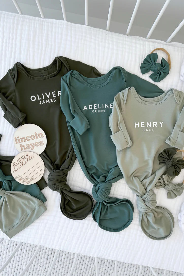Personalized Bamboo Newborn Baby Knot Gown & Hat | Garden Greens - Block