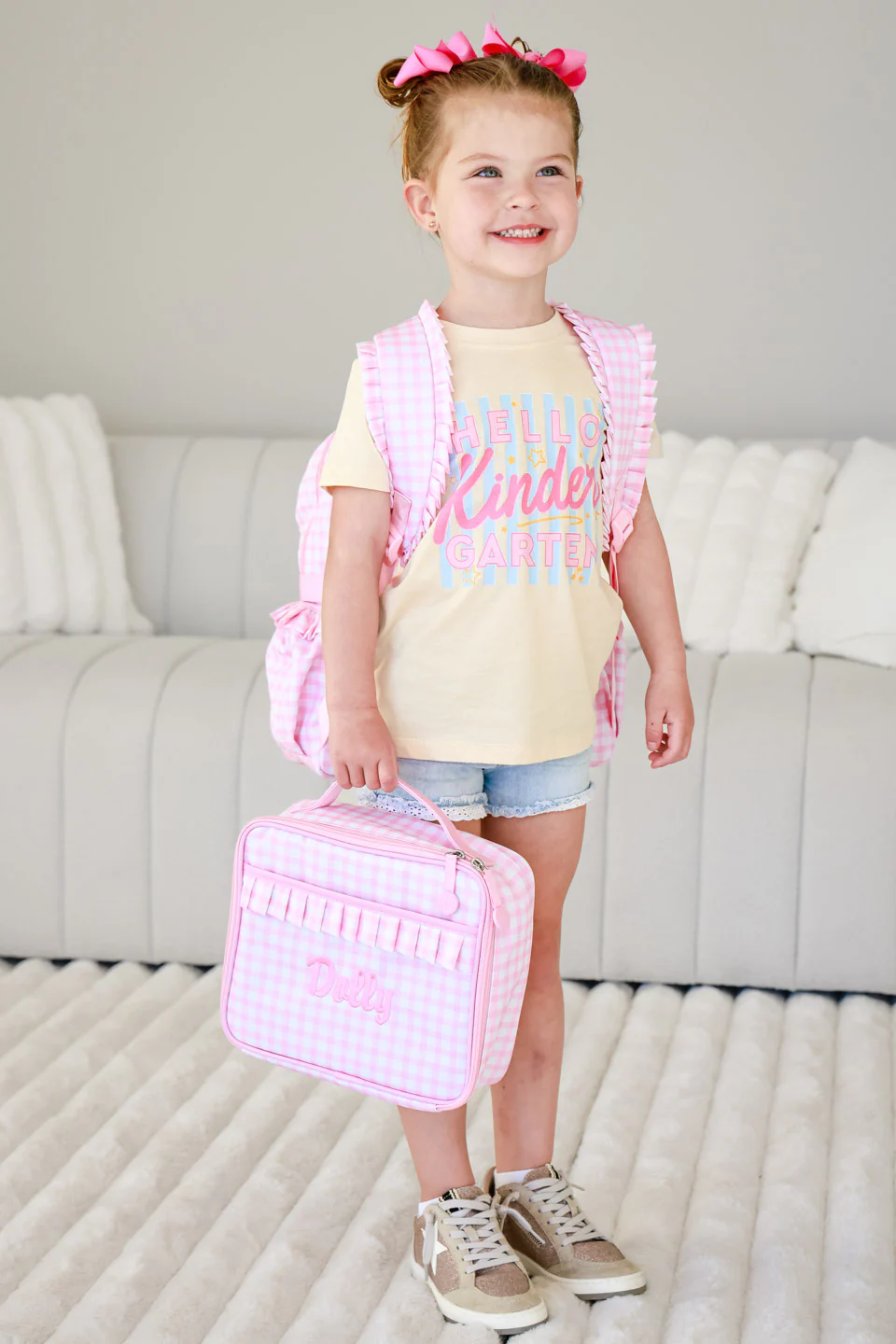 Kids Embroidered Ruffle Lunchbox | Pink Gingham - Image 6
