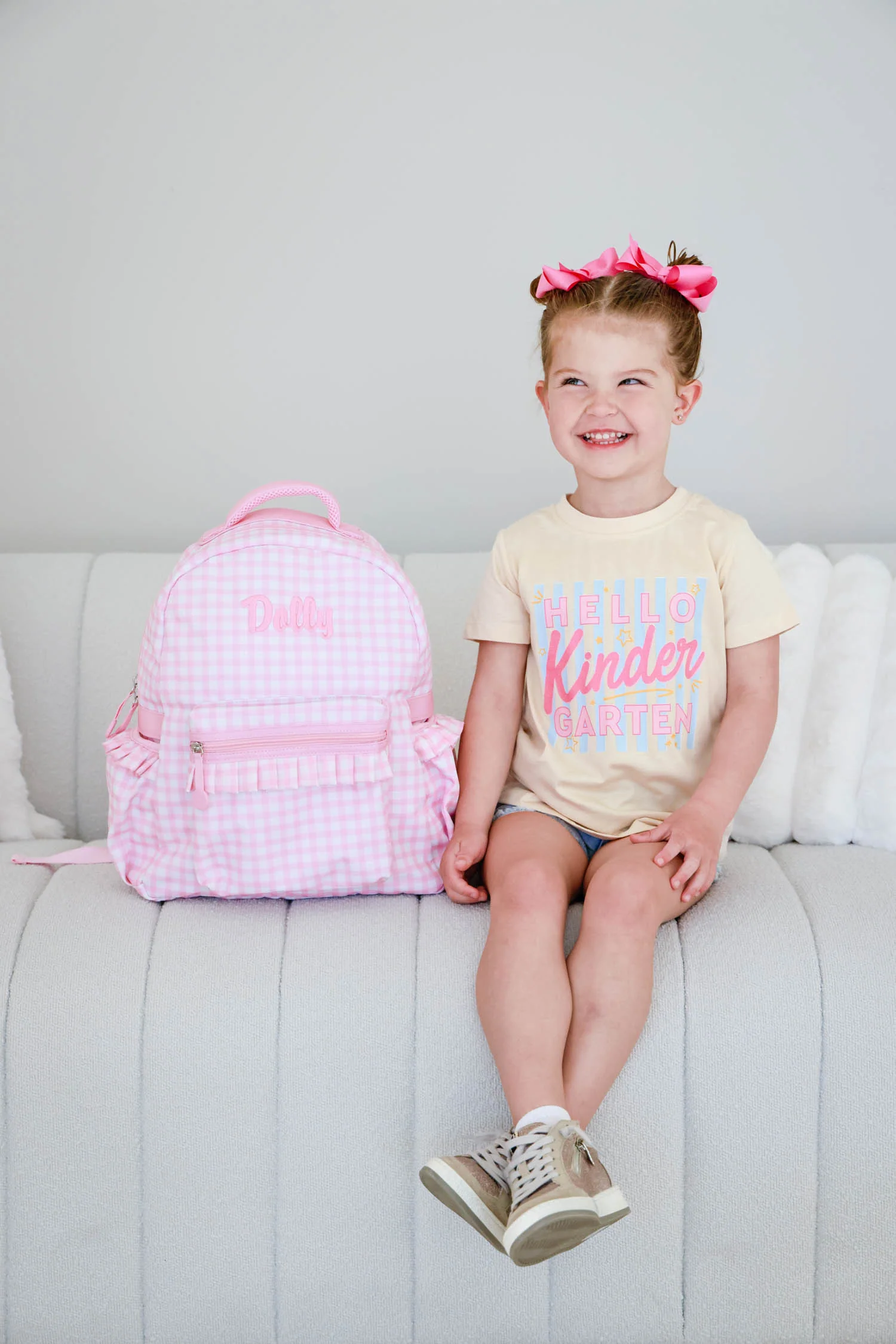 Kids Embroidered Ruffle Backpack | Pink Gingham - Image 12