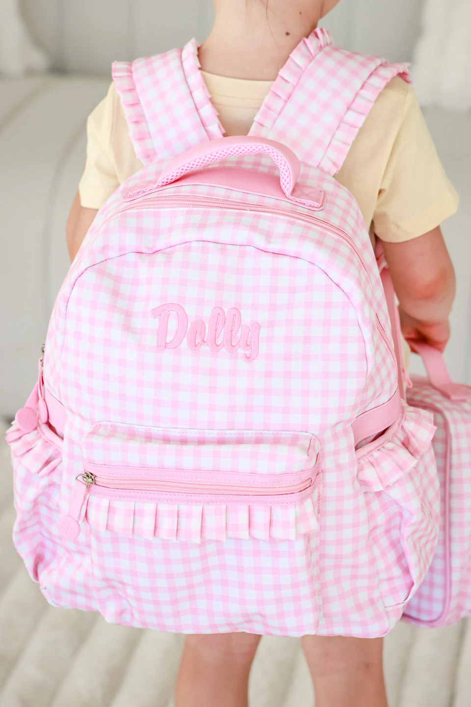 Kids Embroidered Ruffle Backpack | Pink Gingham - Image 8