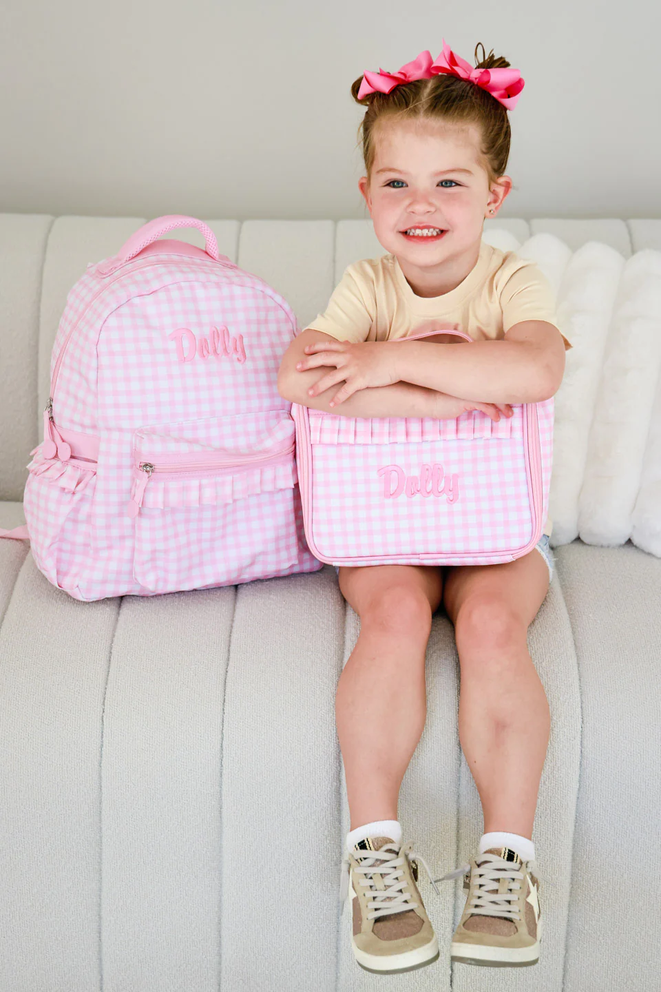 Kids Embroidered Ruffle Backpack | Pink Gingham - Image 18