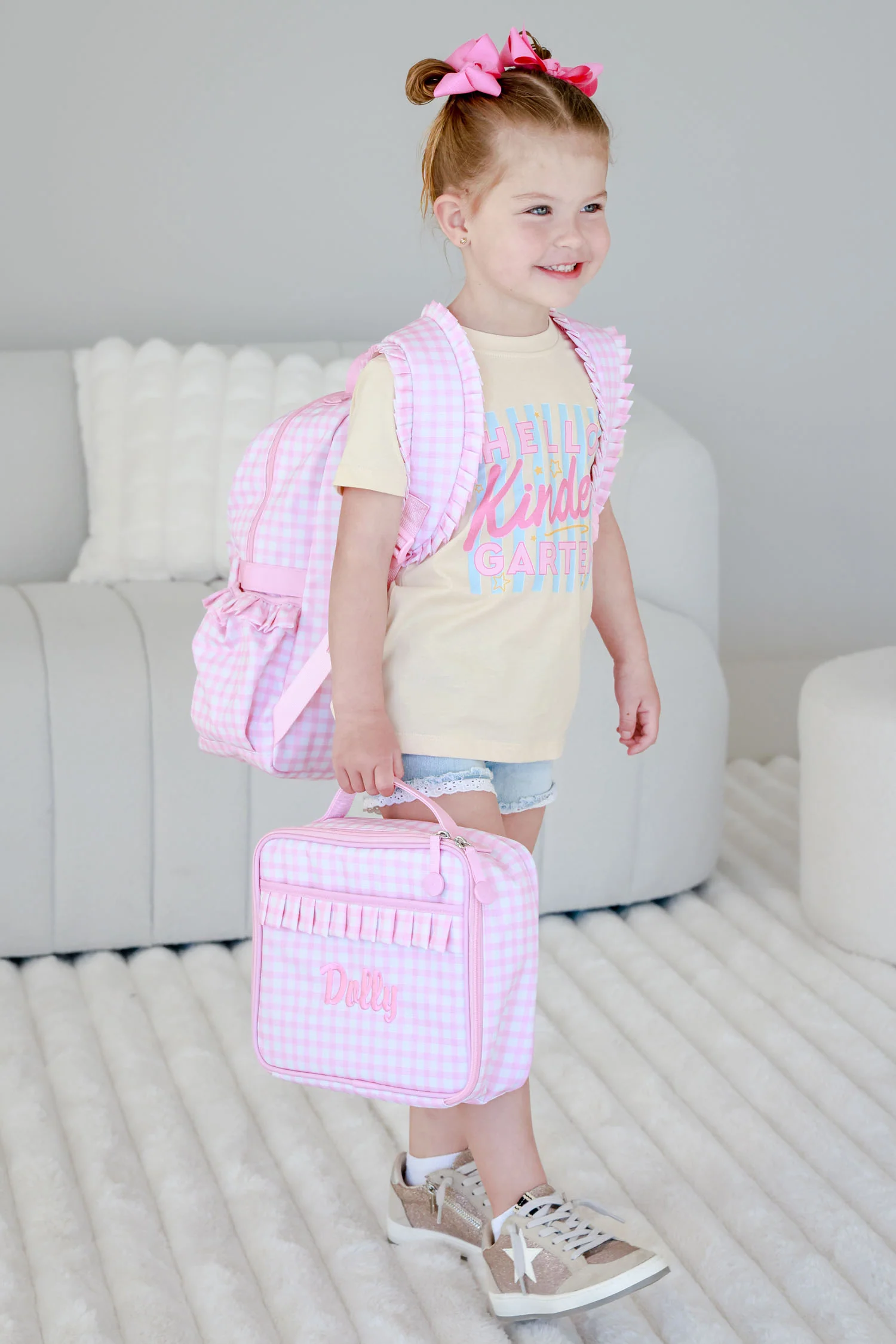 Kids Embroidered Ruffle Backpack | Pink Gingham - Image 10