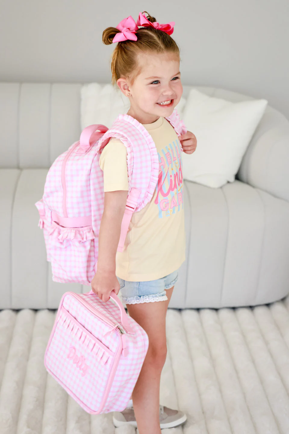 Kids Embroidered Ruffle Backpack | Pink Gingham - Image 6