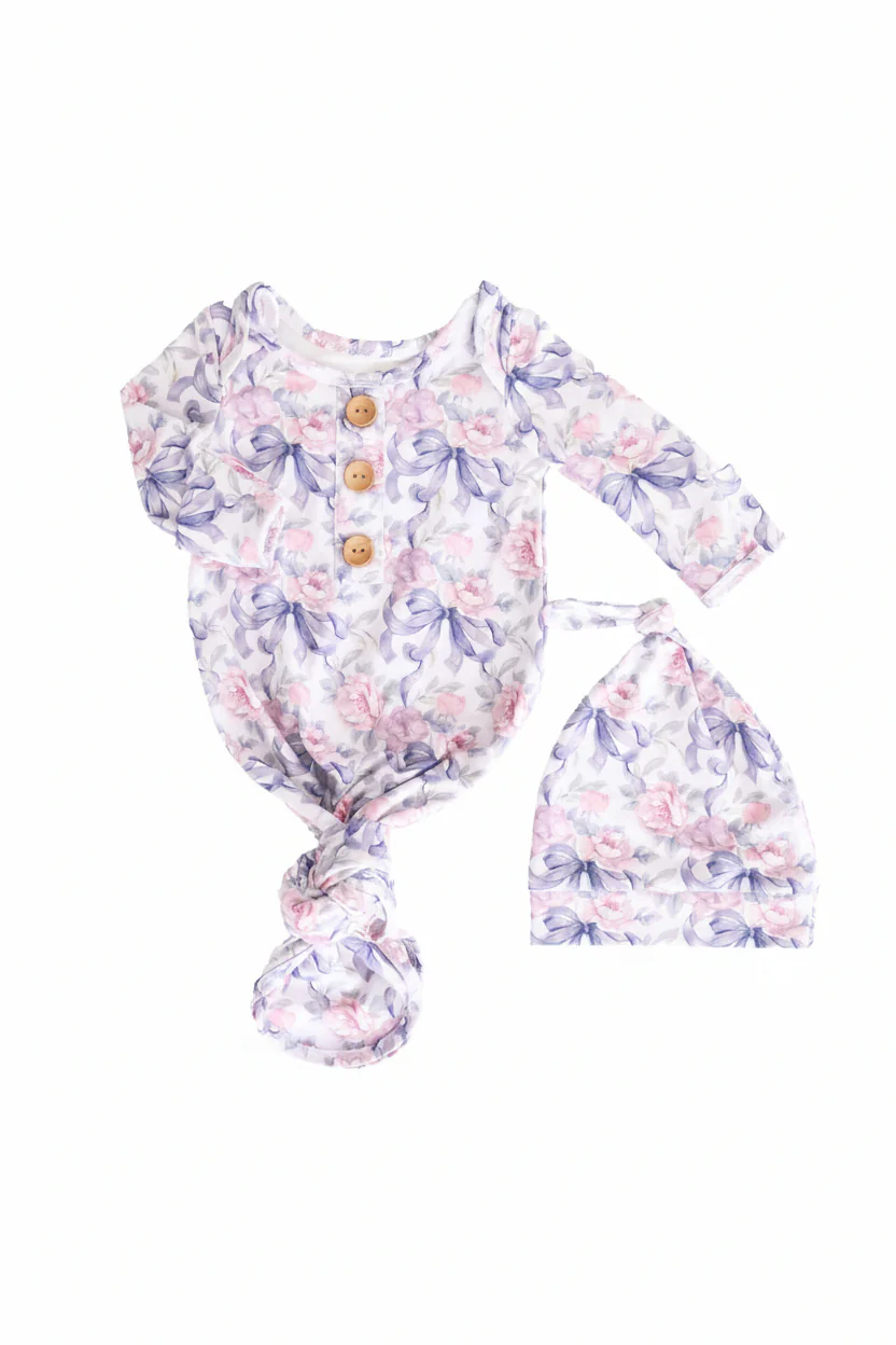 Leighton's Lavender Newborn Baby Knot Gown & Hat Set - Image 3