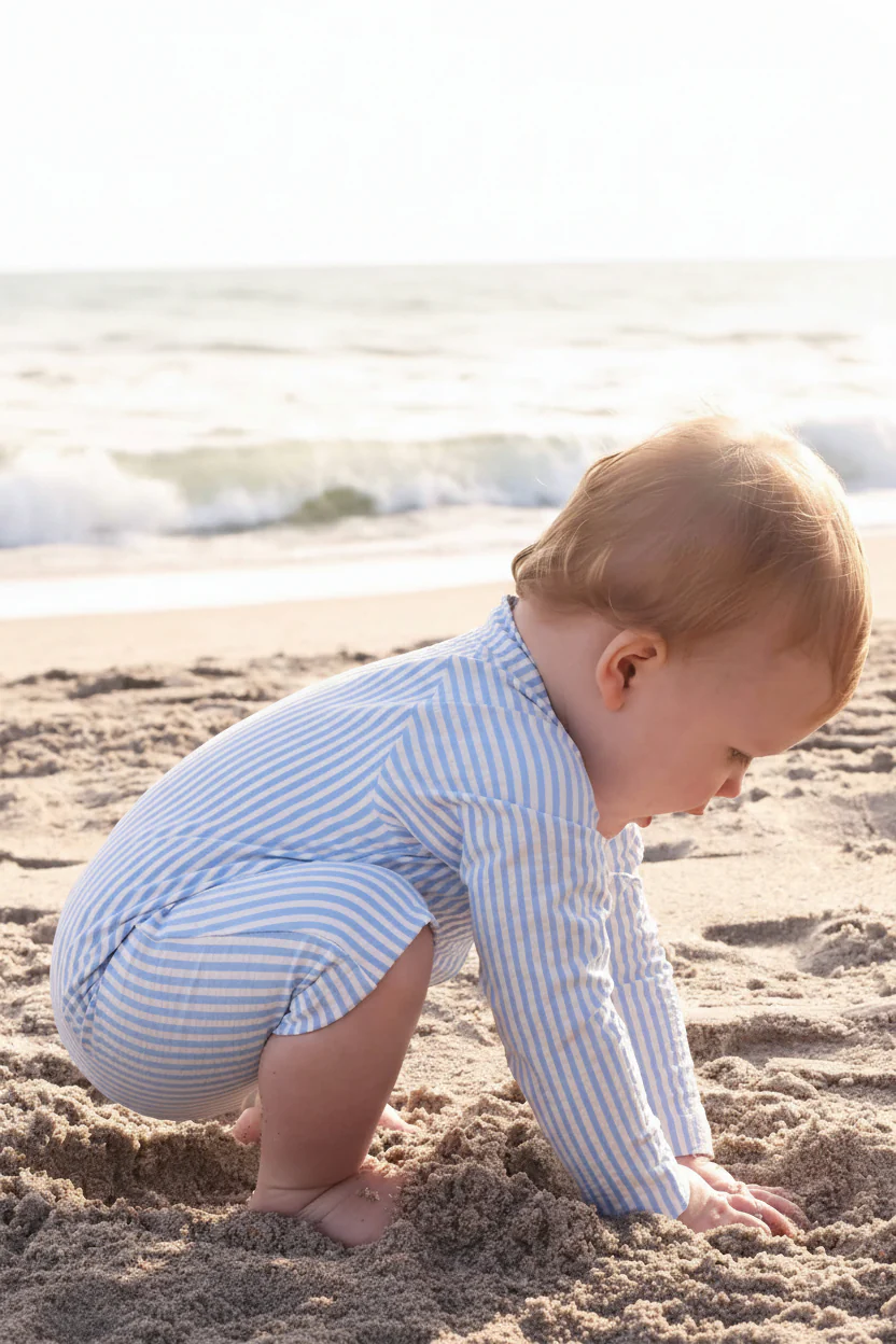 Long Sleeve Rash Guard Swim Romper Shortie | Seersucker Blue - Image 12