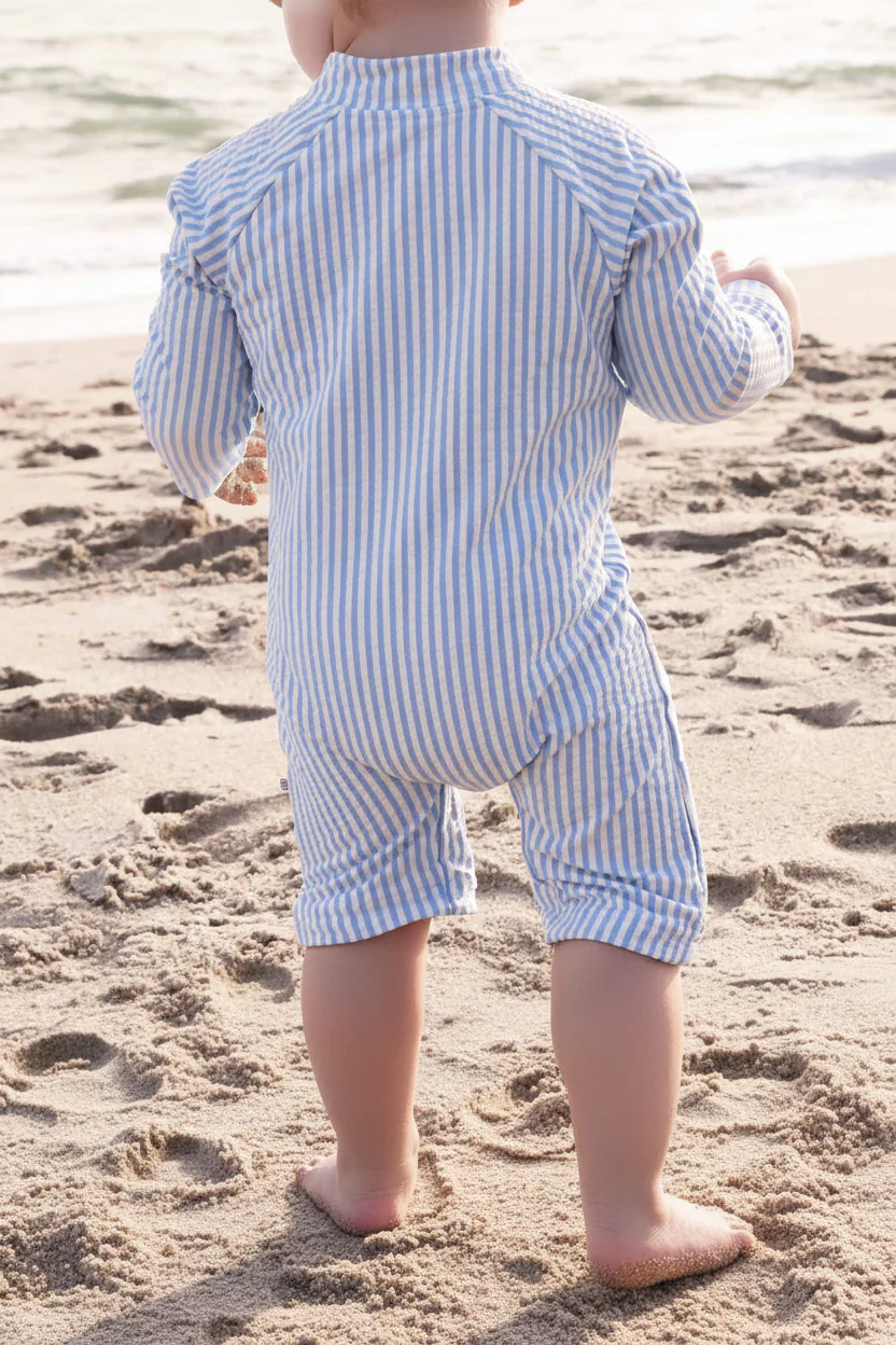 Long Sleeve Rash Guard Swim Romper Shortie | Seersucker Blue - Image 15