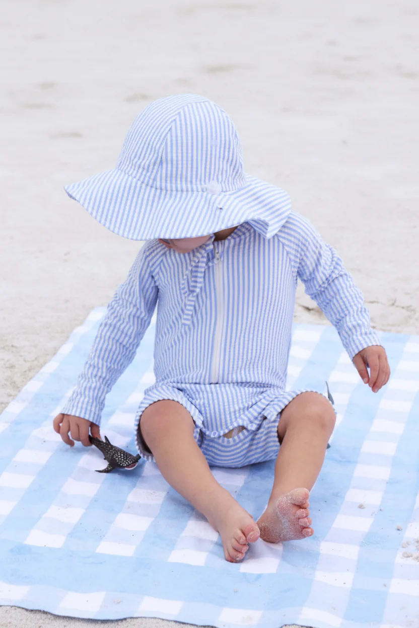 Long Sleeve Rash Guard Swim Romper Shortie | Seersucker Blue - Image 17