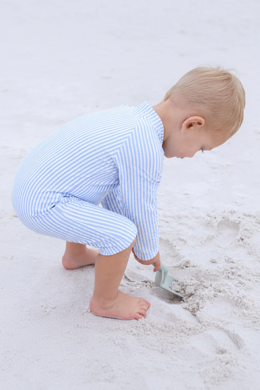 Long Sleeve Rash Guard Swim Romper Shortie | Seersucker Blue - Image 18