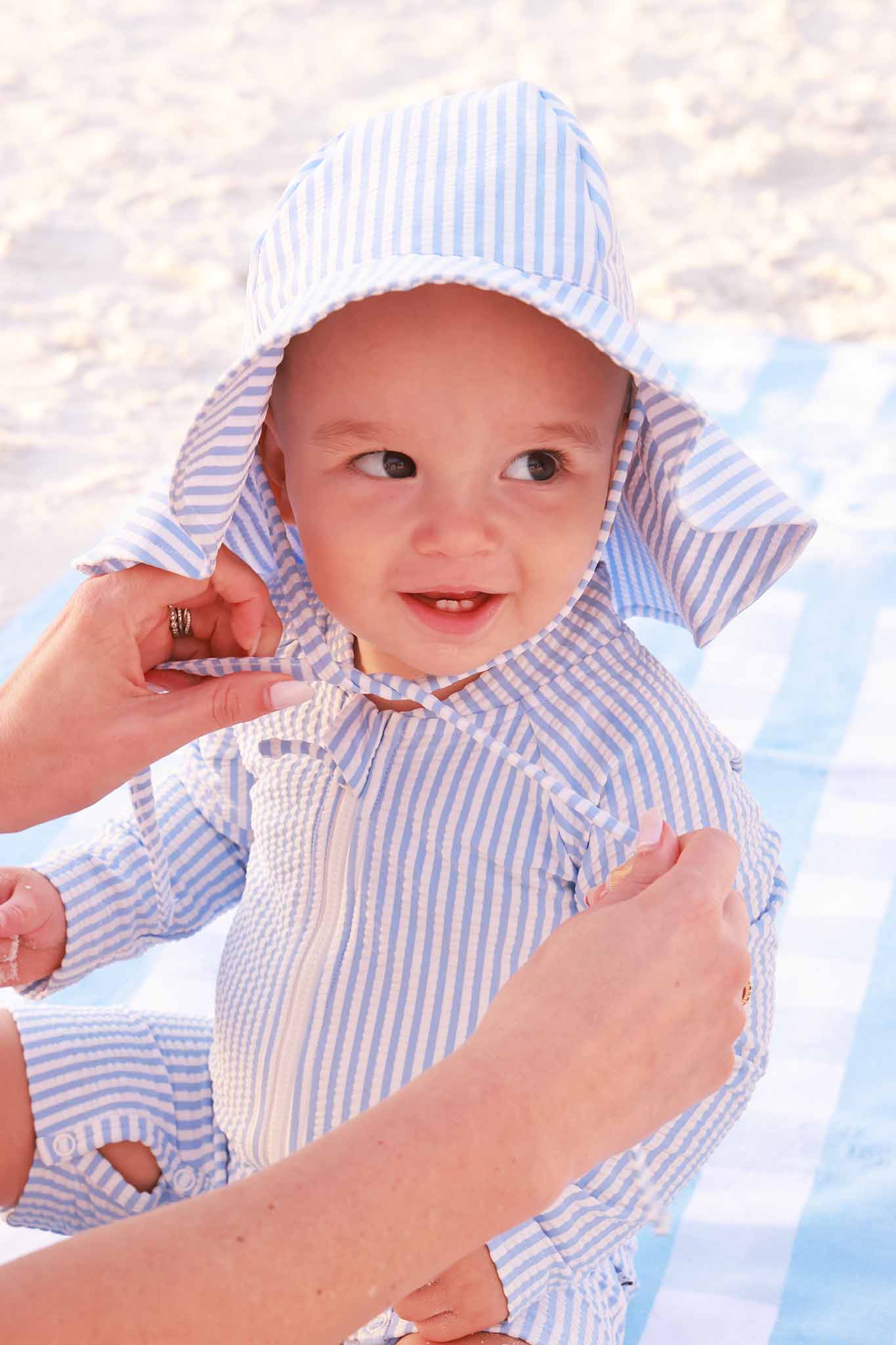 Long Sleeve Rash Guard Swim Romper Shortie | Seersucker Blue - Image 5