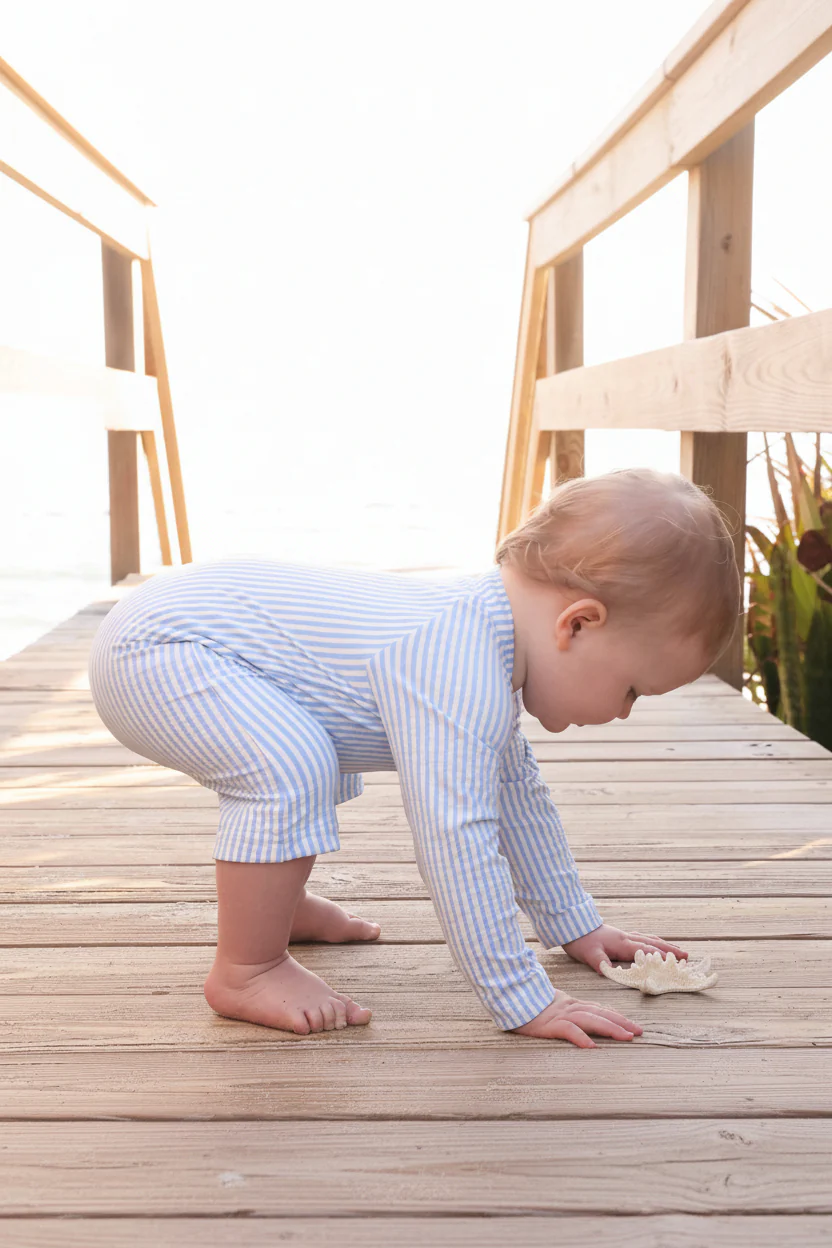 Long Sleeve Rash Guard Swim Romper Shortie | Seersucker Blue - Image 7