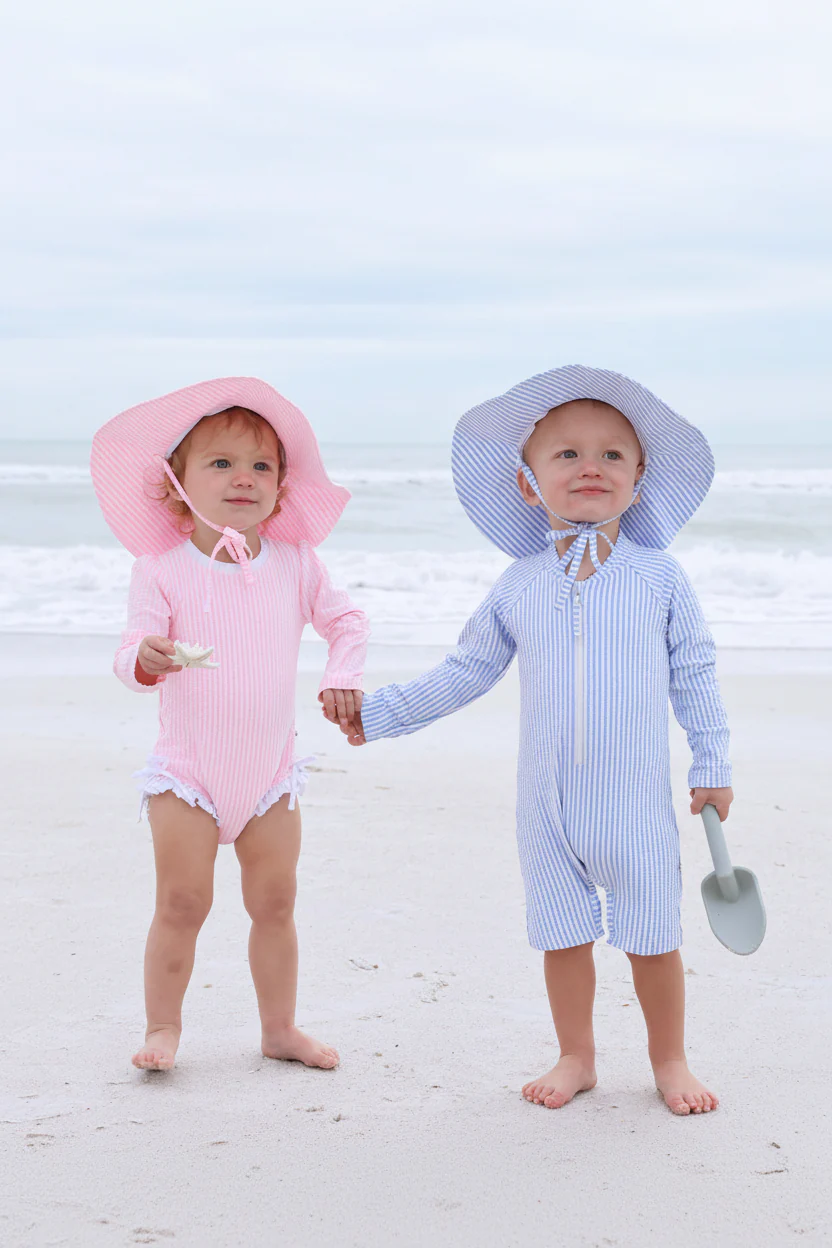Long Sleeve Rash Guard Swim Romper Shortie | Seersucker Blue - Image 8