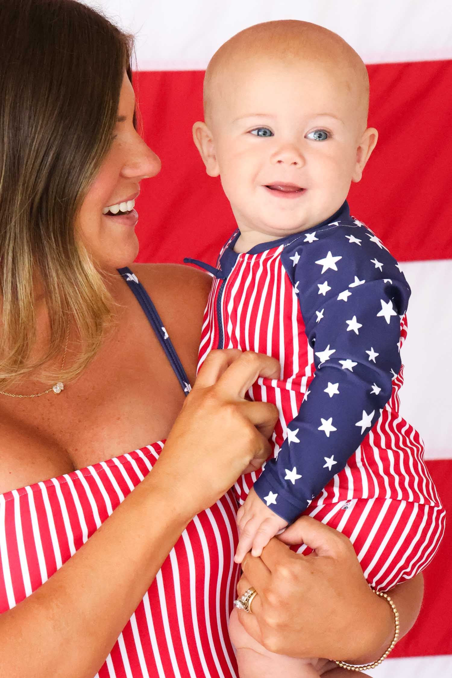 Long Sleeve Rash Guard Swim Romper Shortie | Stars & Stripes Party - Image 6