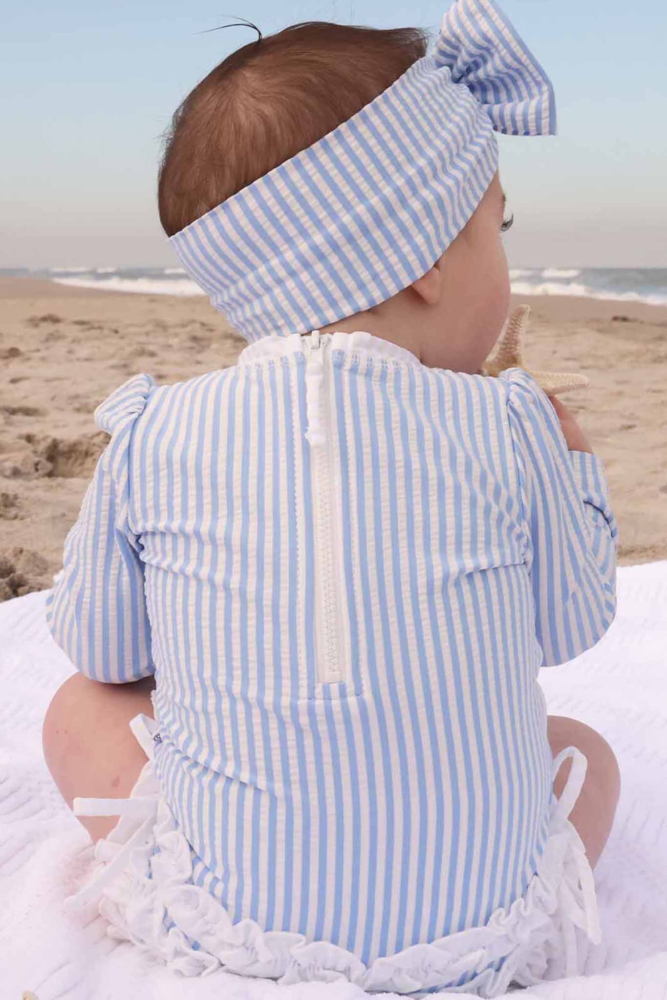 Long Sleeve Rash Guard With Ruffle Bottom | Seersucker Blue - Image 14