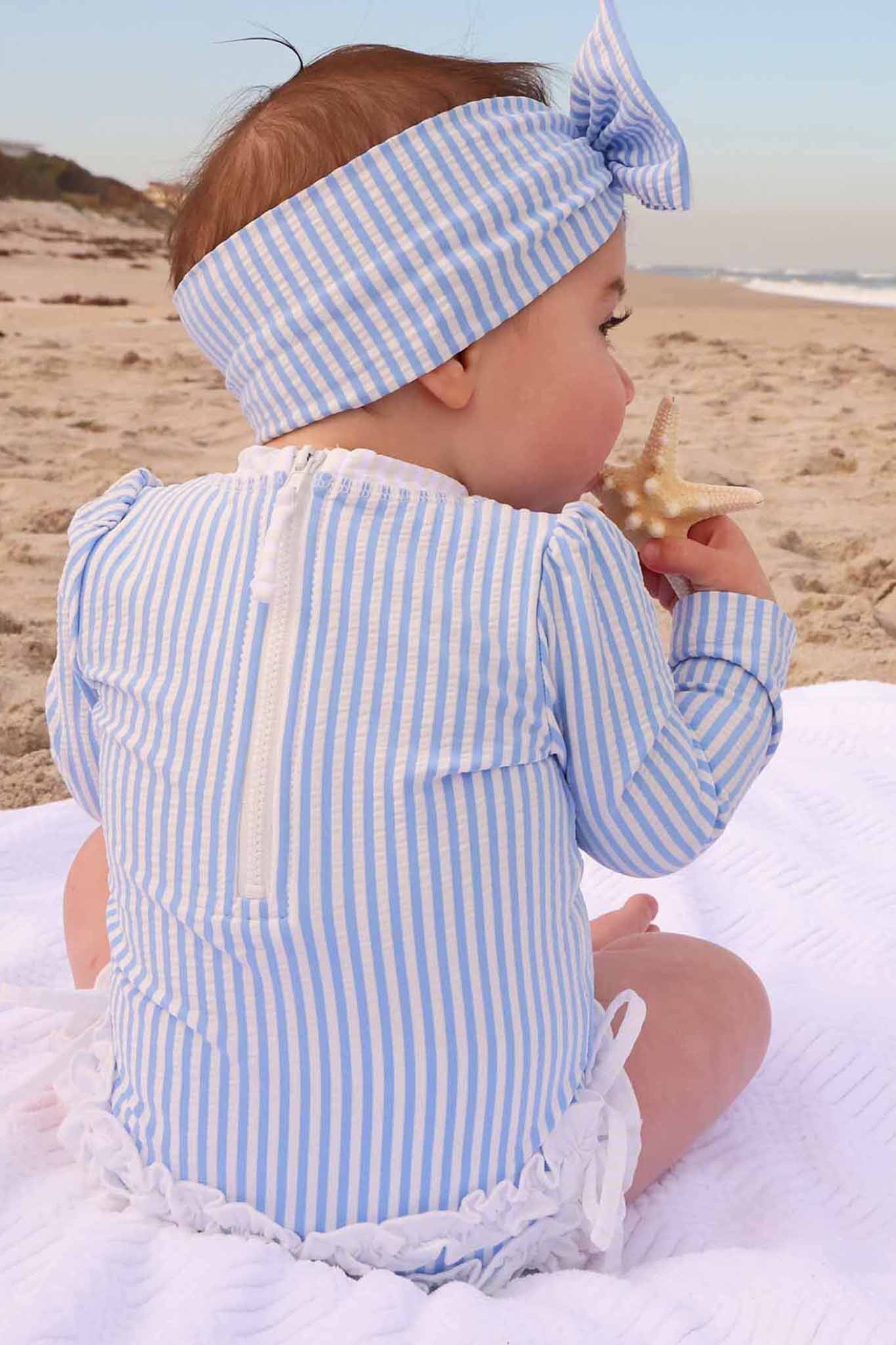 Long Sleeve Rash Guard With Ruffle Bottom | Seersucker Blue - Image 4