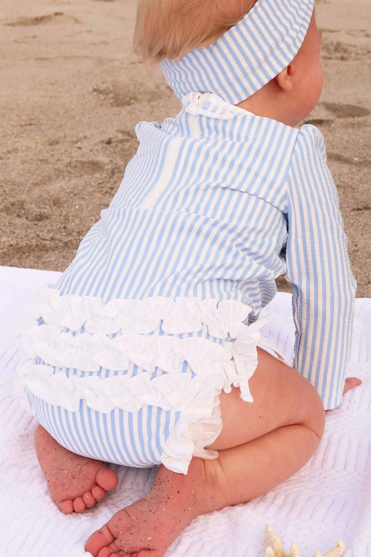 Long Sleeve Rash Guard With Ruffle Bottom | Seersucker Blue - Image 8