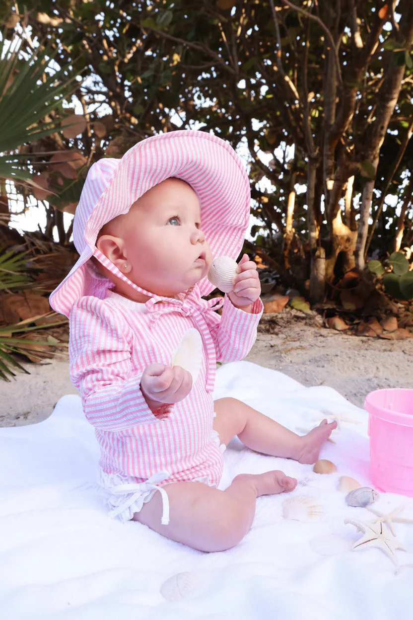 Long Sleeve Rash Guard with Ruffle Bottom | Seersucker Dusty Pink - Image 11
