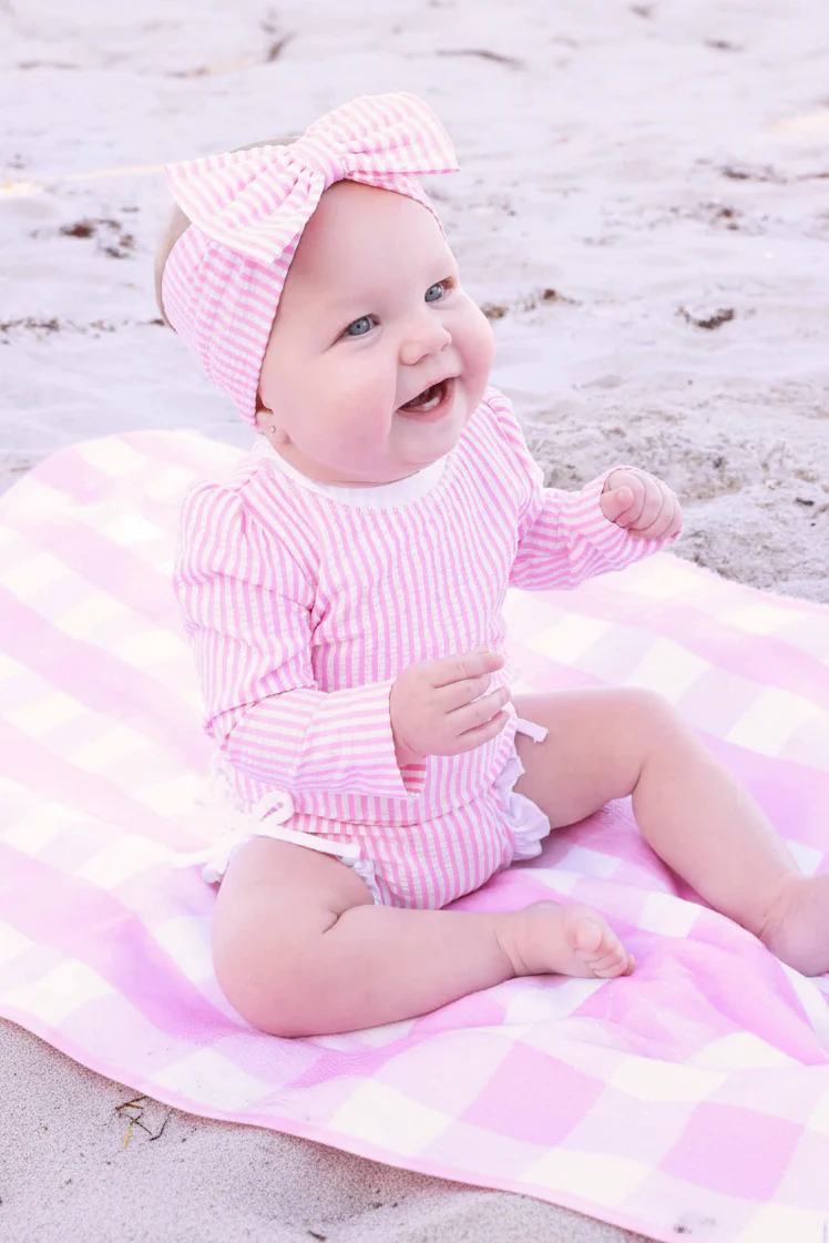 Long Sleeve Rash Guard with Ruffle Bottom | Seersucker Dusty Pink - Image 13