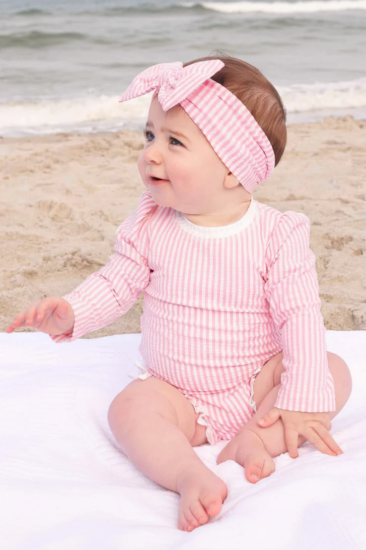 Long Sleeve Rash Guard with Ruffle Bottom | Seersucker Dusty Pink - Image 14