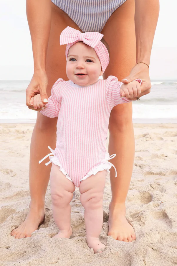 Long Sleeve Rash Guard with Ruffle Bottom | Seersucker Dusty Pink - Image 4