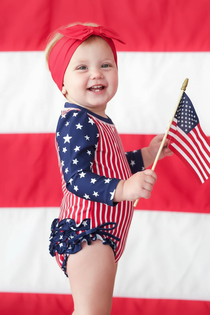 Long Sleeve Rash Guard With Ruffle Bottom | Stars & Stripes Party - Image 8