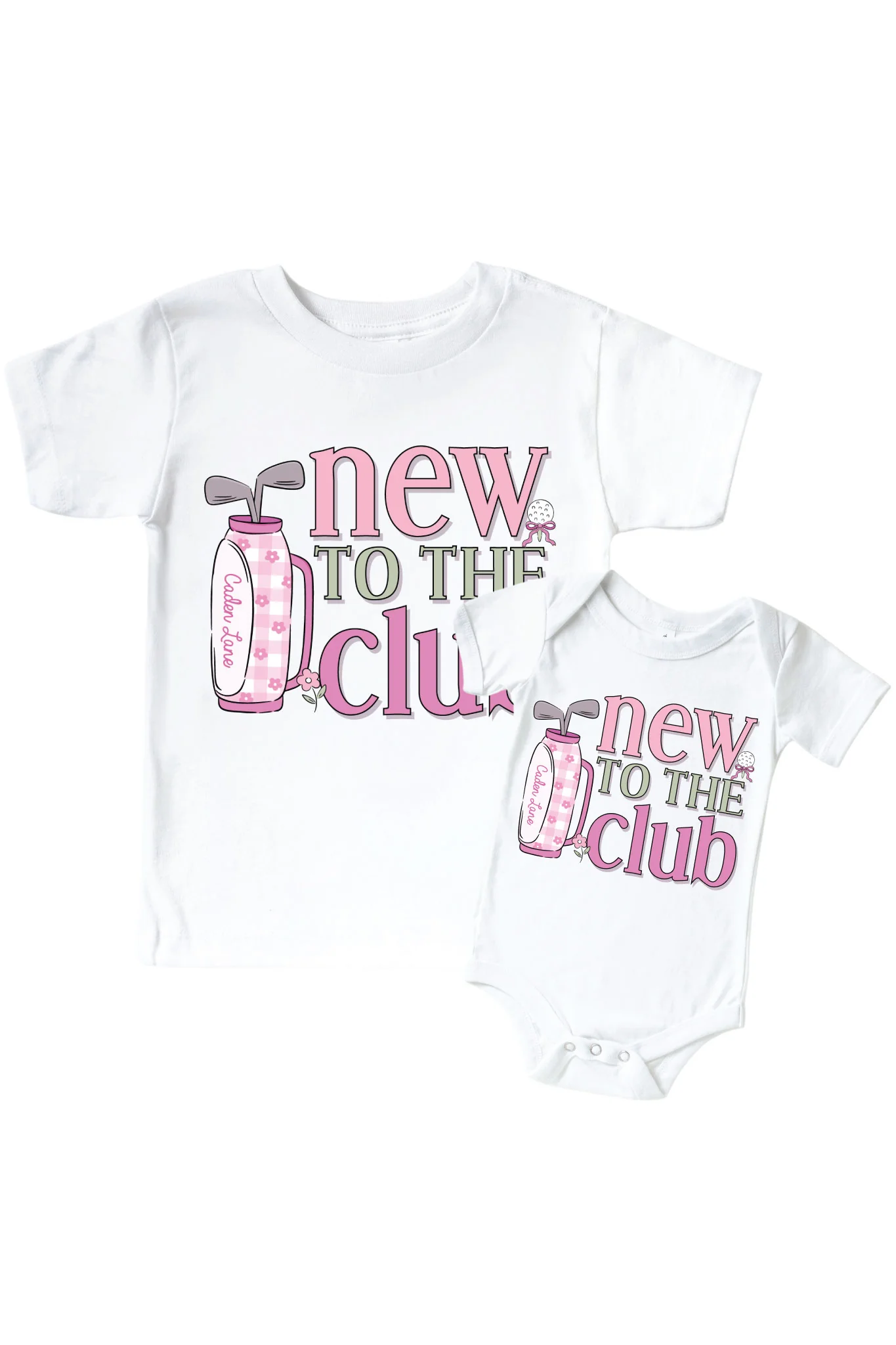 New To The Club Pink Graphic Bodysuit & Kids Tee | White
