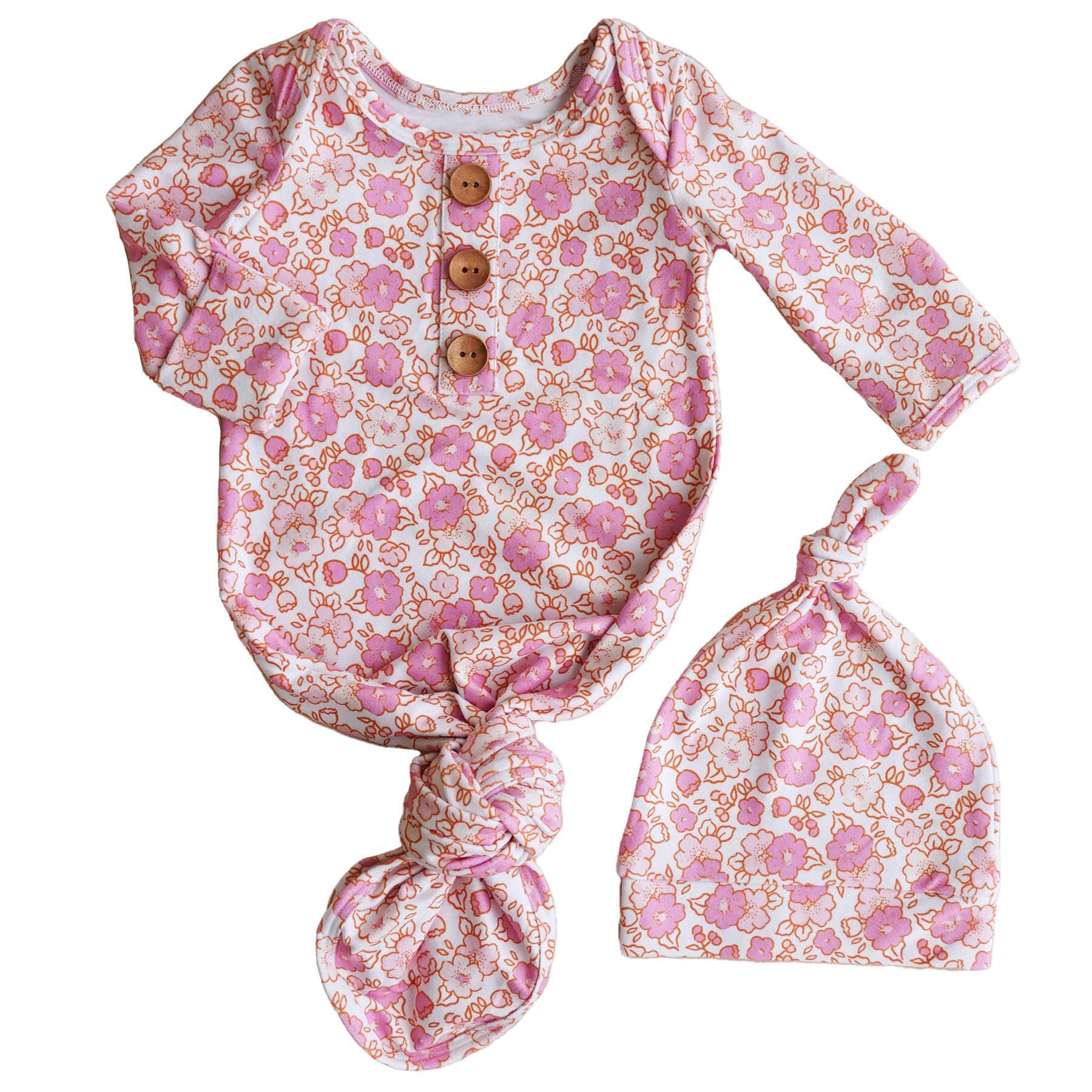 Palmer's Pink Floral Newborn Baby Knot Gown & Hat Set - Image 2