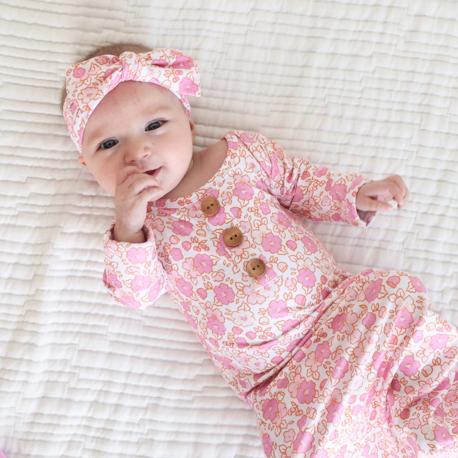 Palmer's Pink Floral Newborn Baby Knot Gown & Hat Set - Image 3