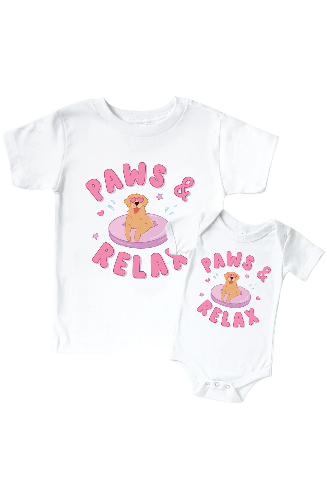 Paws & Relax Pink Graphic Bodysuit & Kids Tee | White